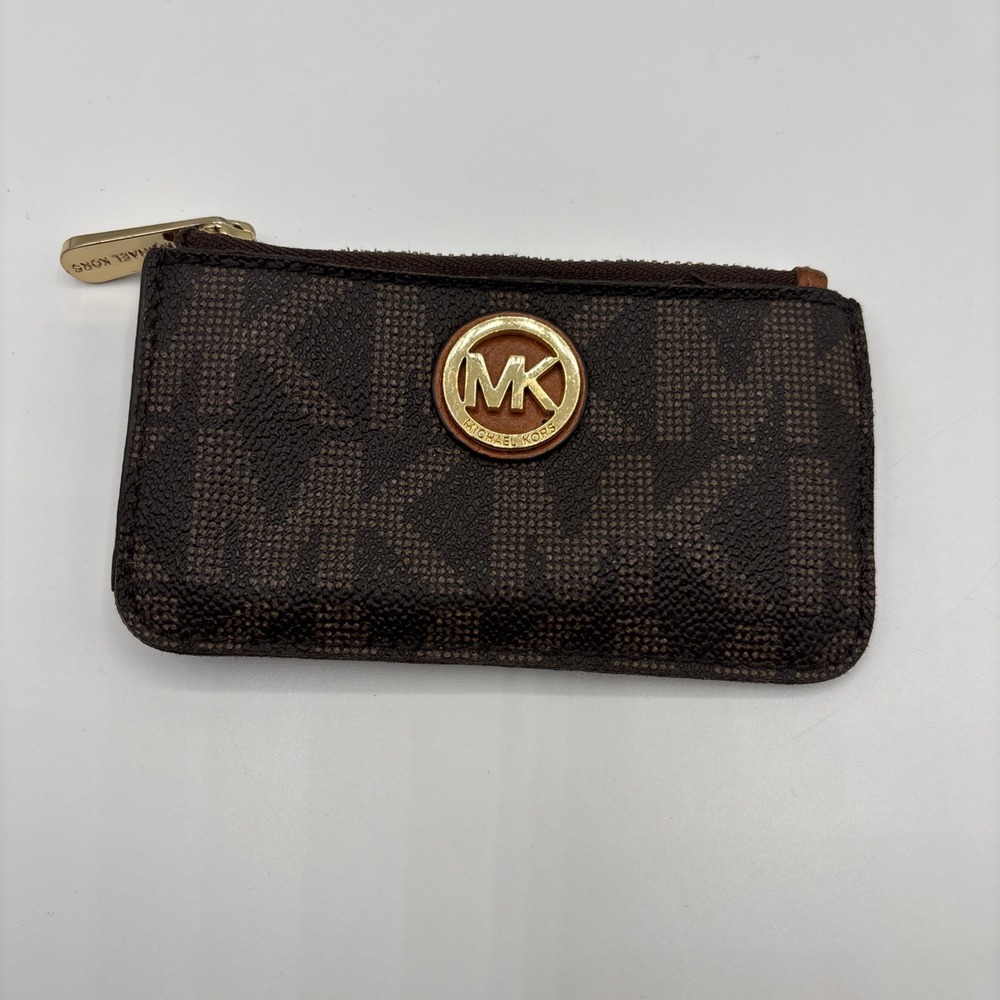 Michael Kors Brown Leather Logo Zip Keyring Coin Pouch Key Chain
